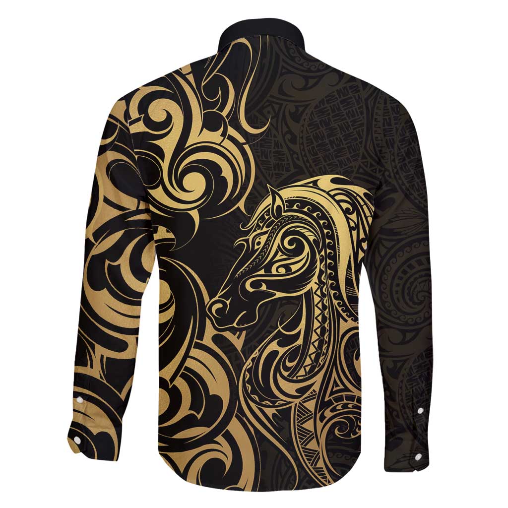 Gold And Black Aoteara Horse Racing Family Matching Long Sleeve Bodycon Dress and Hawaiian Shirt NZ Maori Pattern