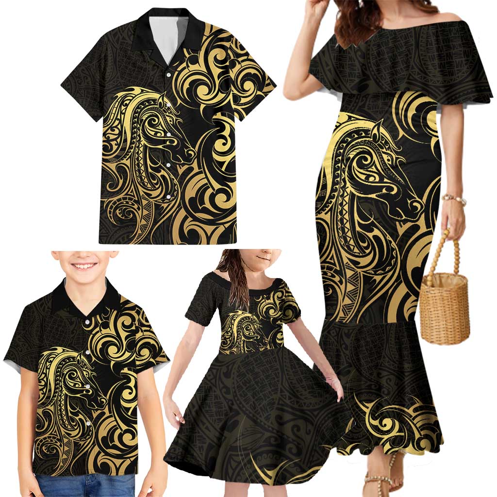 Gold And Black Aoteara Horse Racing Family Matching Mermaid Dress and Hawaiian Shirt NZ Maori Pattern