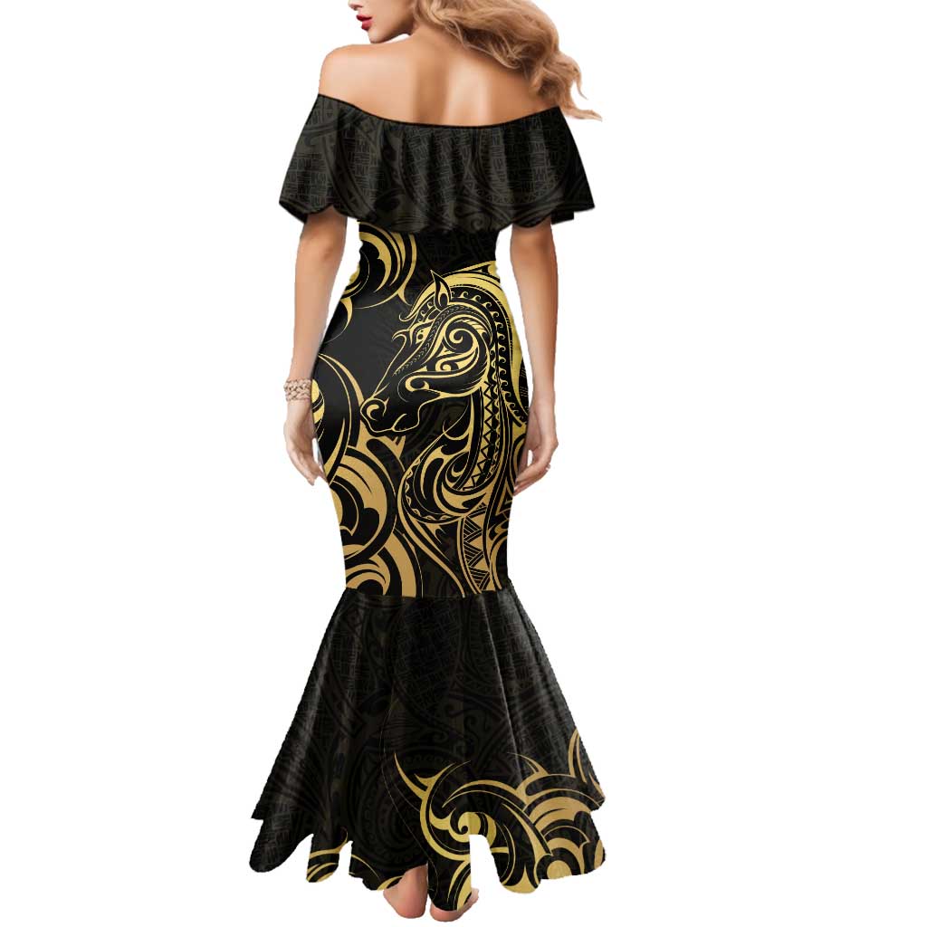 Gold And Black Aoteara Horse Racing Family Matching Mermaid Dress and Hawaiian Shirt NZ Maori Pattern