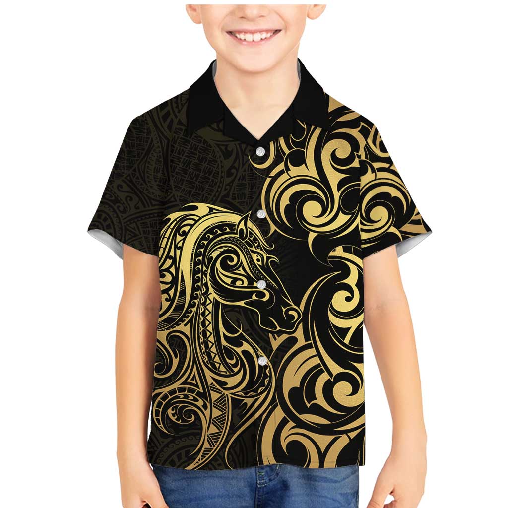 Gold And Black Aoteara Horse Racing Family Matching Mermaid Dress and Hawaiian Shirt NZ Maori Pattern