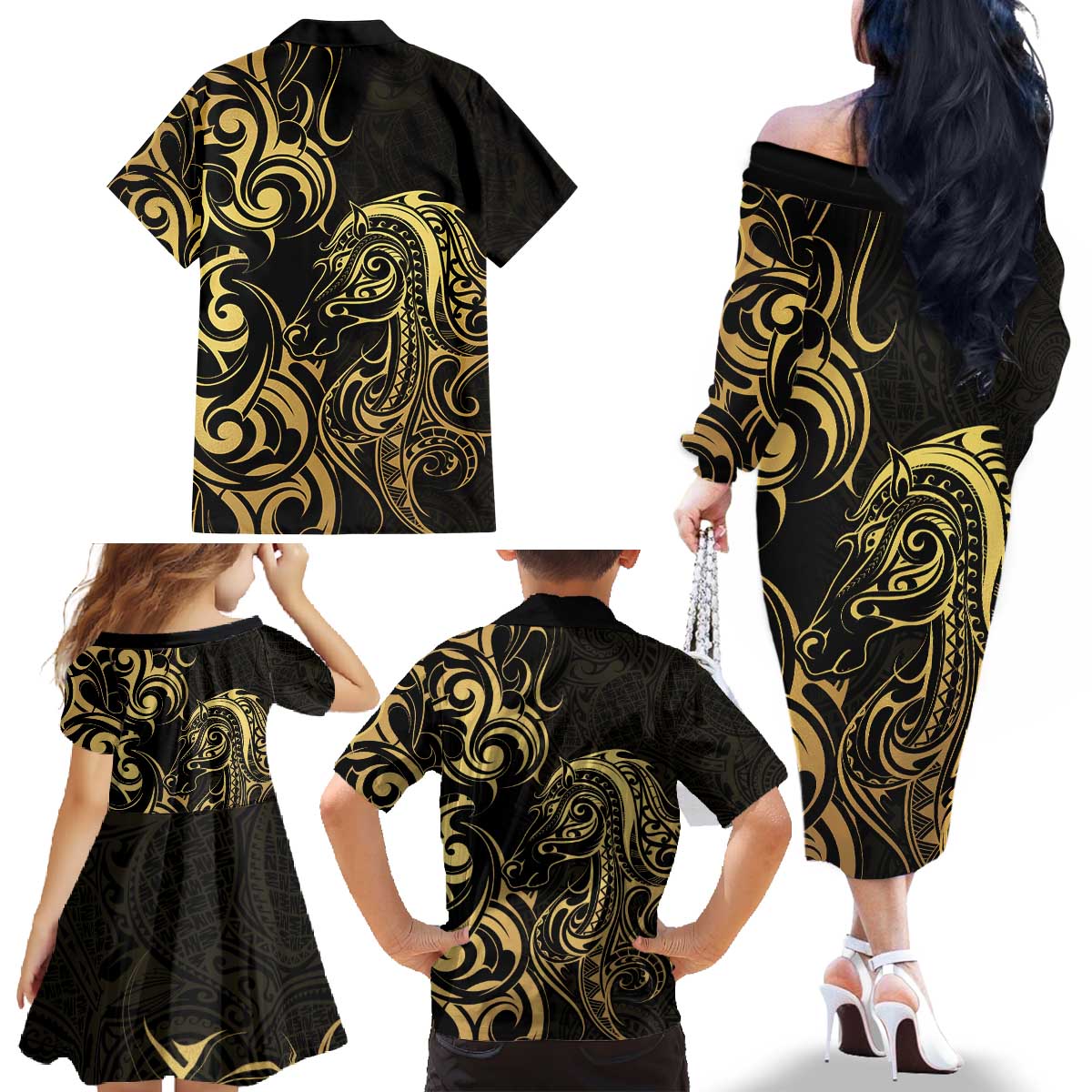 Gold And Black Aoteara Horse Racing Family Matching Off The Shoulder Long Sleeve Dress and Hawaiian Shirt NZ Maori Pattern