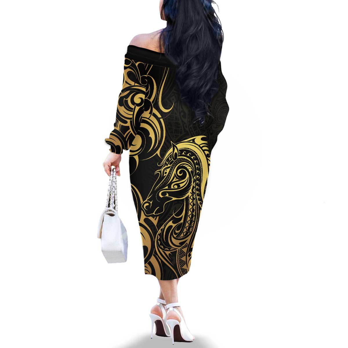 Gold And Black Aoteara Horse Racing Family Matching Off The Shoulder Long Sleeve Dress and Hawaiian Shirt NZ Maori Pattern