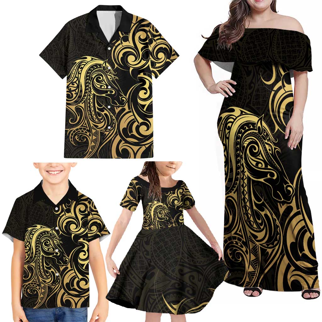 Gold And Black Aoteara Horse Racing Family Matching Off Shoulder Maxi Dress and Hawaiian Shirt NZ Maori Pattern