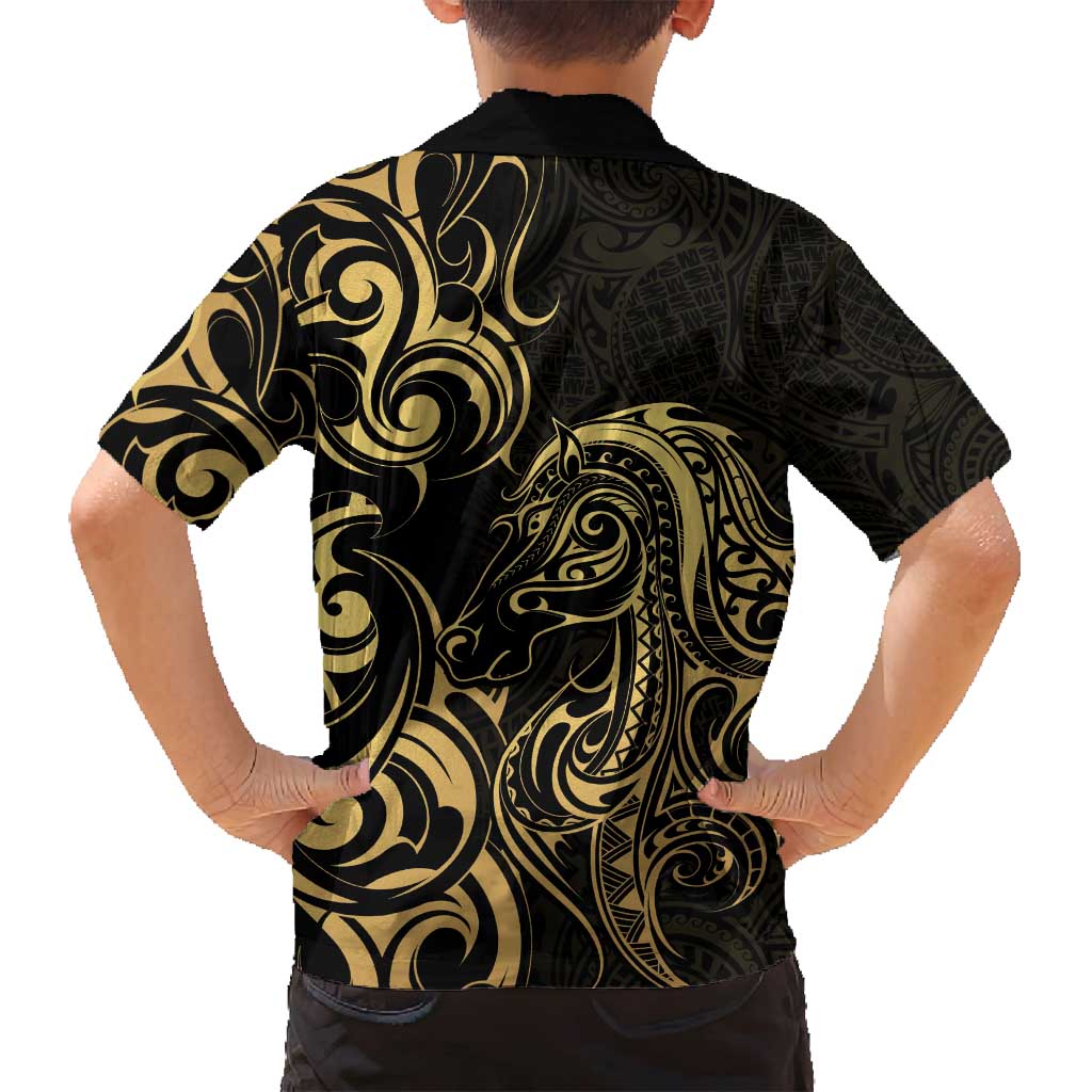 Gold And Black Aoteara Horse Racing Family Matching Off Shoulder Maxi Dress and Hawaiian Shirt NZ Maori Pattern