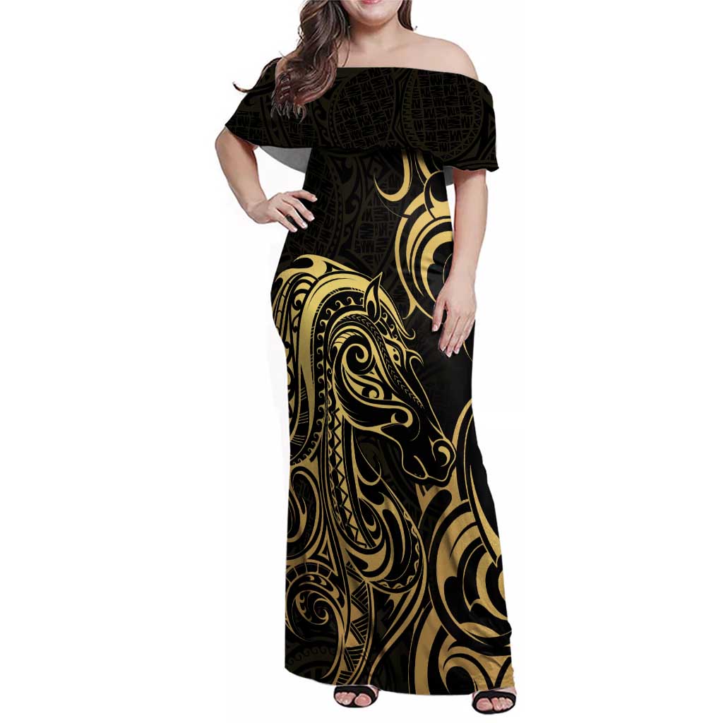 Gold And Black Aoteara Horse Racing Family Matching Off Shoulder Maxi Dress and Hawaiian Shirt NZ Maori Pattern