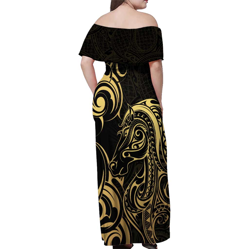 Gold And Black Aoteara Horse Racing Family Matching Off Shoulder Maxi Dress and Hawaiian Shirt NZ Maori Pattern