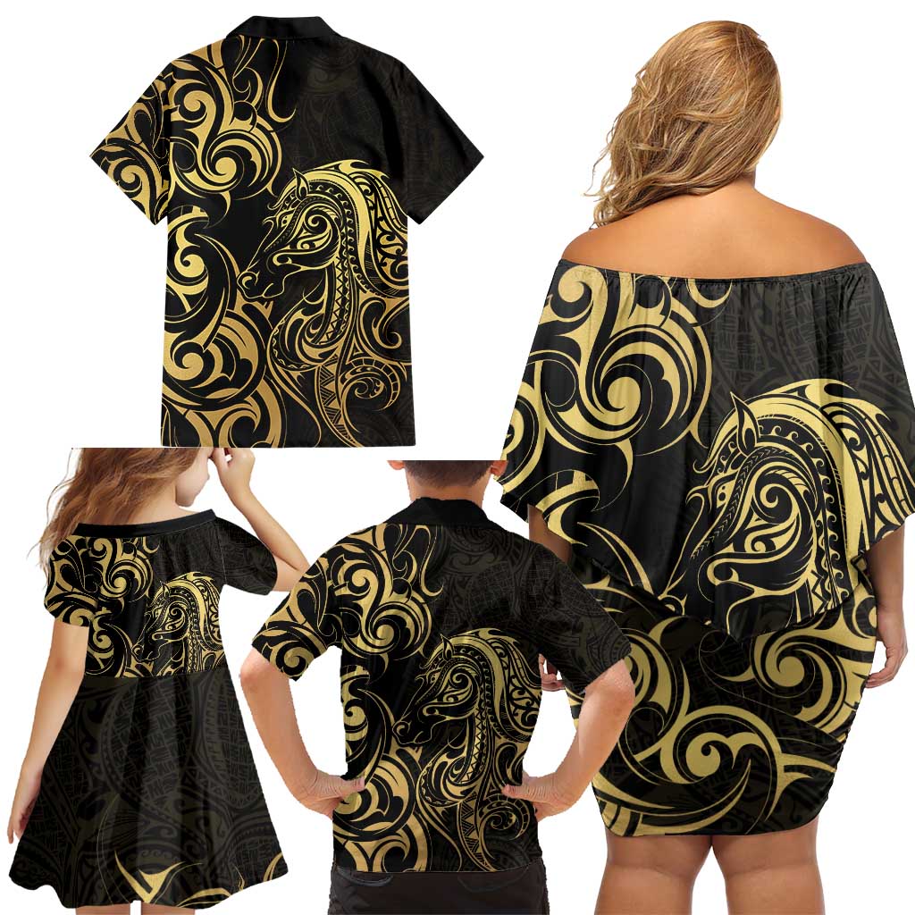 Gold And Black Aoteara Horse Racing Family Matching Off Shoulder Short Dress and Hawaiian Shirt NZ Maori Pattern