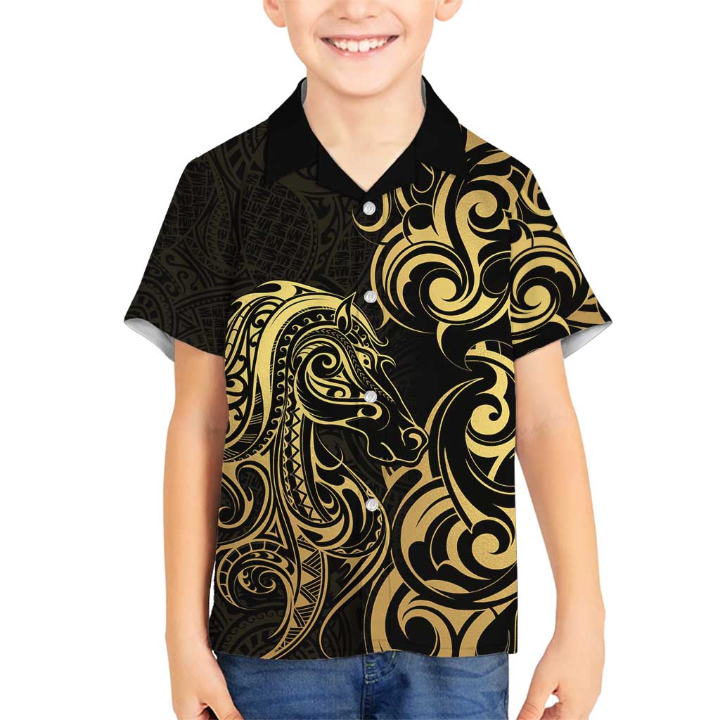 Gold And Black Aoteara Horse Racing Family Matching Off Shoulder Short Dress and Hawaiian Shirt NZ Maori Pattern