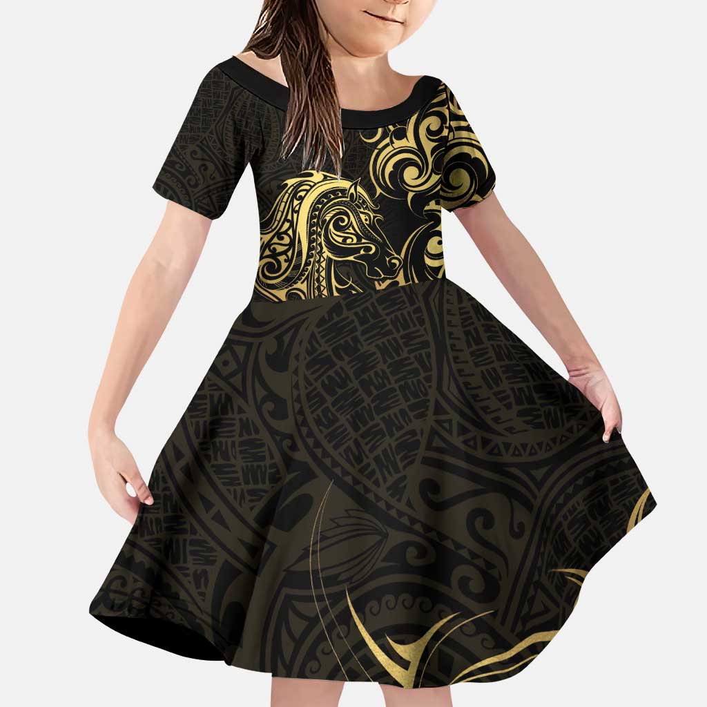 Gold And Black Aoteara Horse Racing Family Matching Puletasi and Hawaiian Shirt NZ Maori Pattern