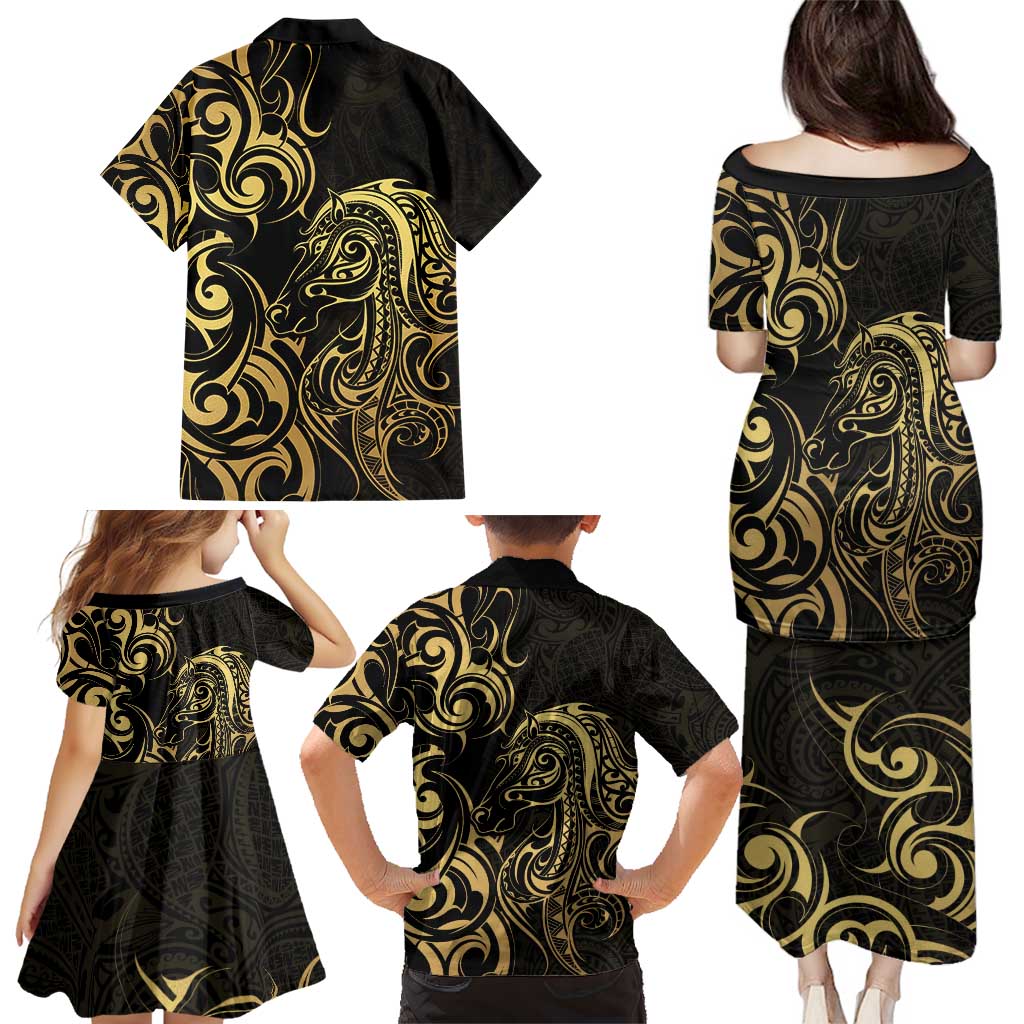 Gold And Black Aoteara Horse Racing Family Matching Puletasi and Hawaiian Shirt NZ Maori Pattern