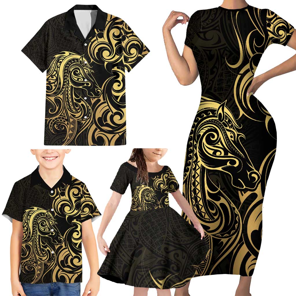 Gold And Black Aoteara Horse Racing Family Matching Short Sleeve Bodycon Dress and Hawaiian Shirt NZ Maori Pattern