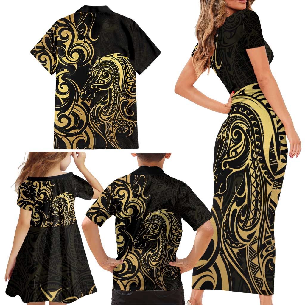 Gold And Black Aoteara Horse Racing Family Matching Short Sleeve Bodycon Dress and Hawaiian Shirt NZ Maori Pattern