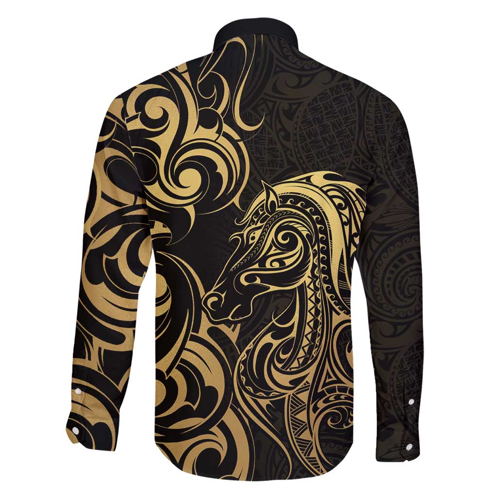 Gold And Black Aoteara Horse Racing Family Matching Short Sleeve Bodycon Dress and Hawaiian Shirt NZ Maori Pattern