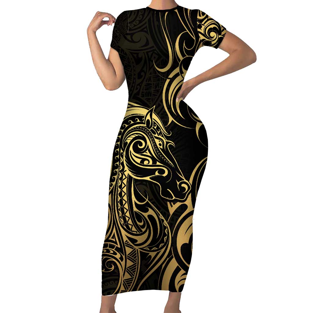 Gold And Black Aoteara Horse Racing Family Matching Short Sleeve Bodycon Dress and Hawaiian Shirt NZ Maori Pattern