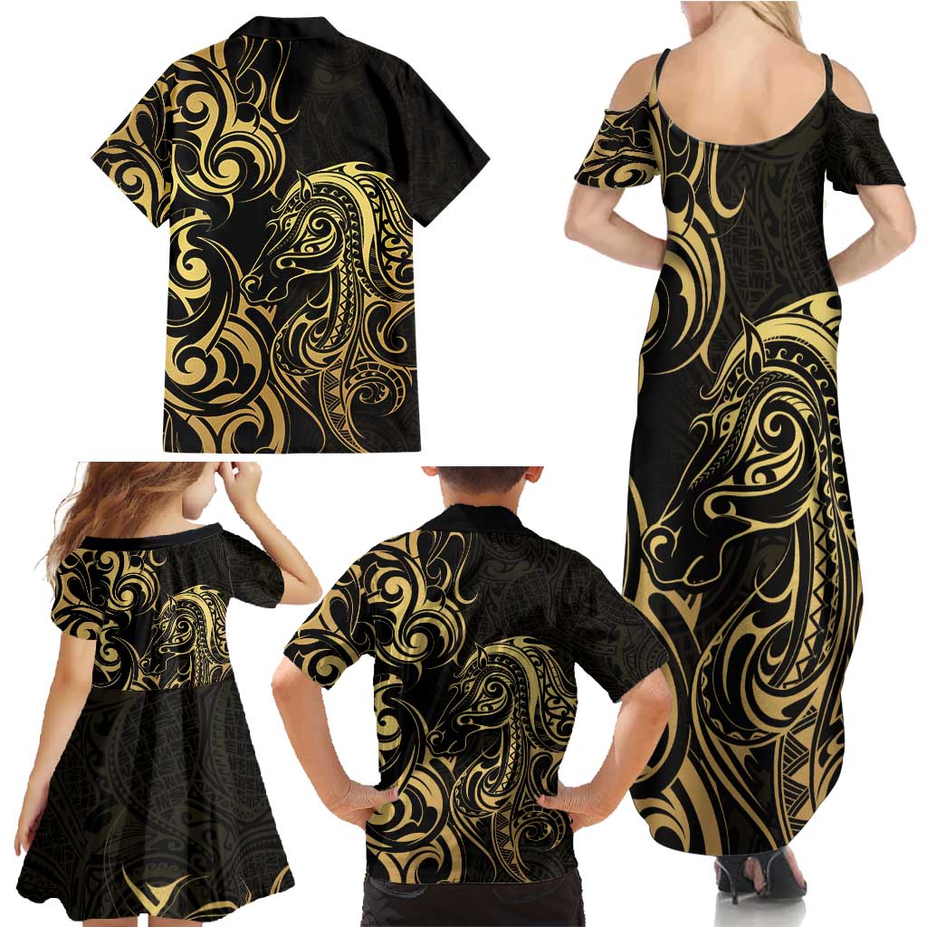 Gold And Black Aoteara Horse Racing Family Matching Summer Maxi Dress and Hawaiian Shirt NZ Maori Pattern