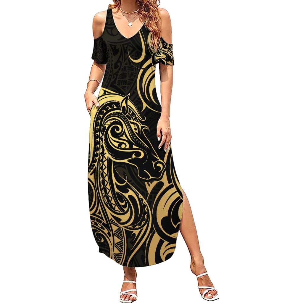 Gold And Black Aoteara Horse Racing Family Matching Summer Maxi Dress and Hawaiian Shirt NZ Maori Pattern