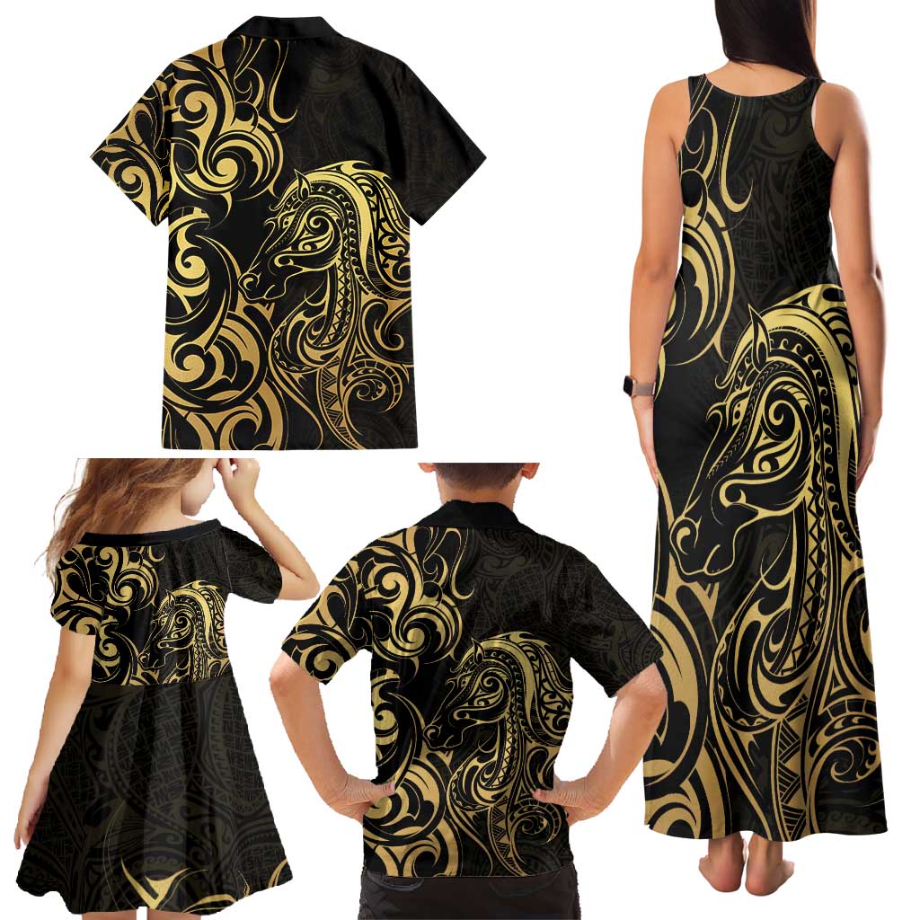 Gold And Black Aoteara Horse Racing Family Matching Tank Maxi Dress and Hawaiian Shirt NZ Maori Pattern