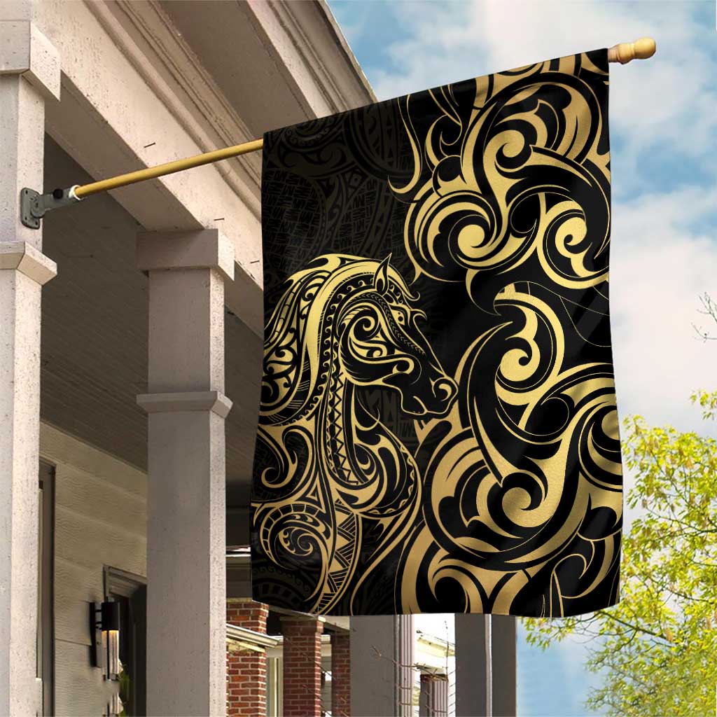 Gold And Black Aoteara Horse Racing Garden Flag NZ Maori Pattern - Vibe Hoodie Shop
