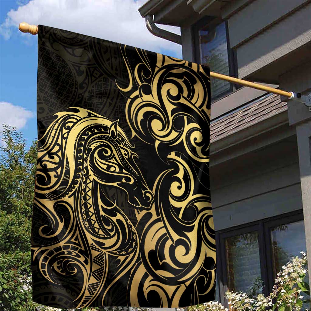 Gold And Black Aoteara Horse Racing Garden Flag NZ Maori Pattern - Vibe Hoodie Shop
