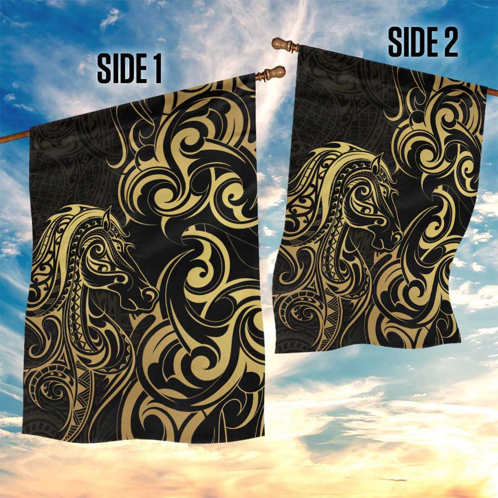 Gold And Black Aoteara Horse Racing Garden Flag NZ Maori Pattern - Vibe Hoodie Shop