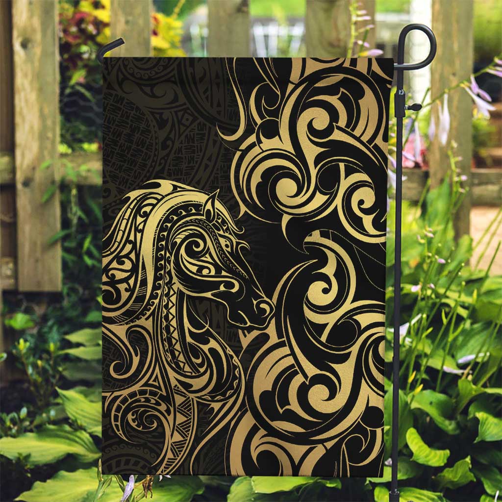 Gold And Black Aoteara Horse Racing Garden Flag NZ Maori Pattern - Vibe Hoodie Shop