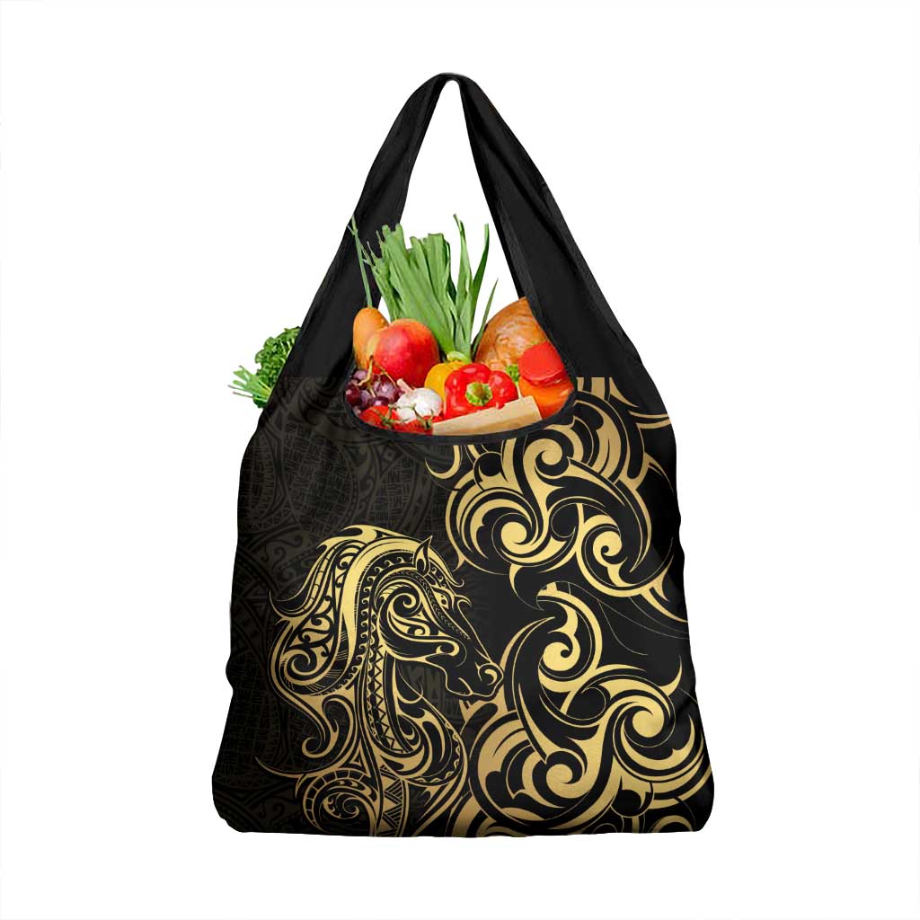 Gold And Black Aoteara Horse Racing Grocery Bag NZ Maori Pattern