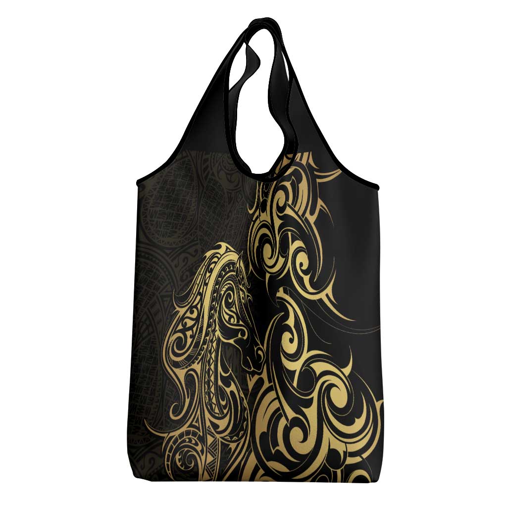 Gold And Black Aoteara Horse Racing Grocery Bag NZ Maori Pattern