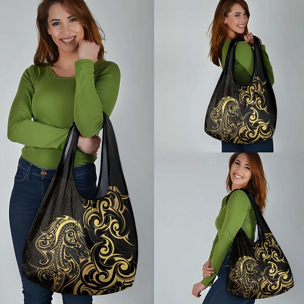 Gold And Black Aoteara Horse Racing Grocery Bag NZ Maori Pattern