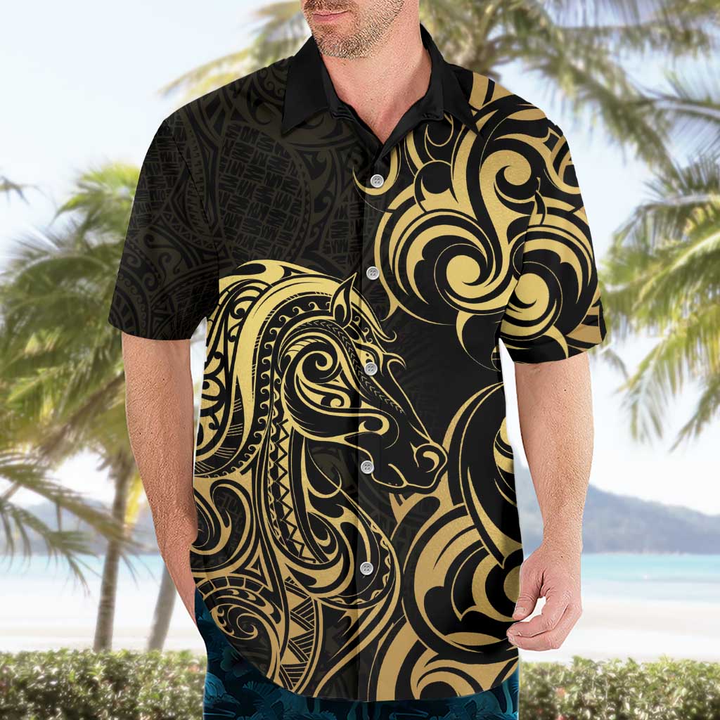 Gold And Black Aoteara Horse Racing Hawaiian Shirt NZ Maori Pattern - Vibe Hoodie Shop