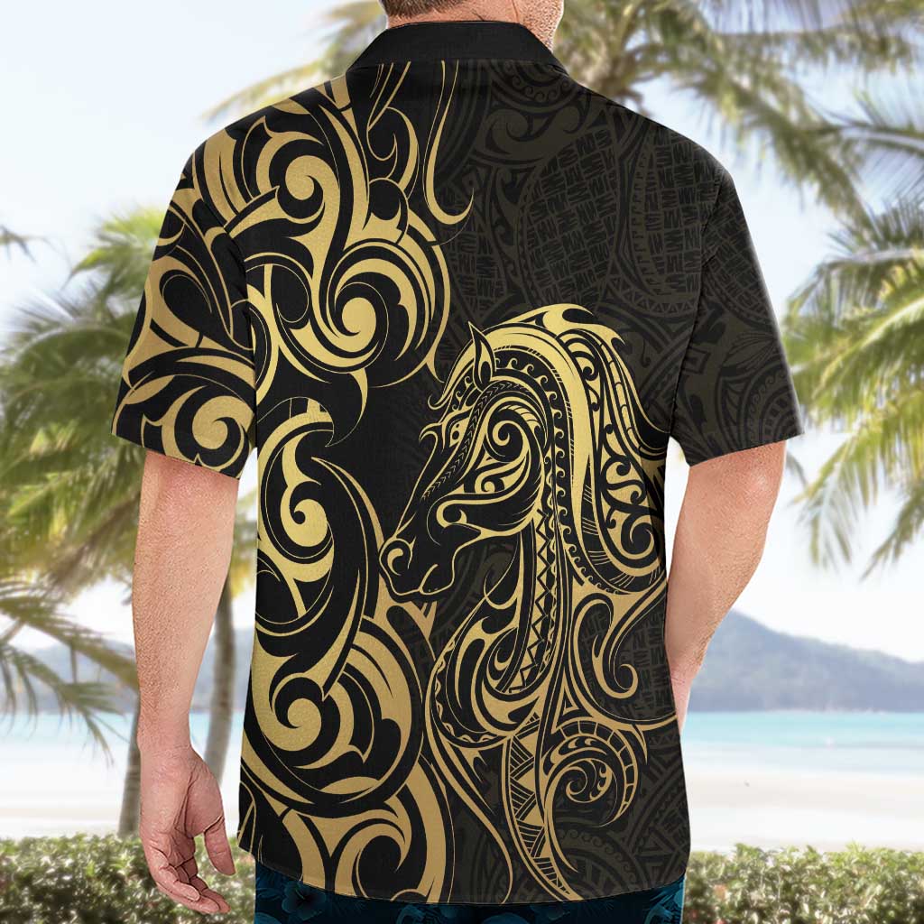 Gold And Black Aoteara Horse Racing Hawaiian Shirt NZ Maori Pattern - Vibe Hoodie Shop