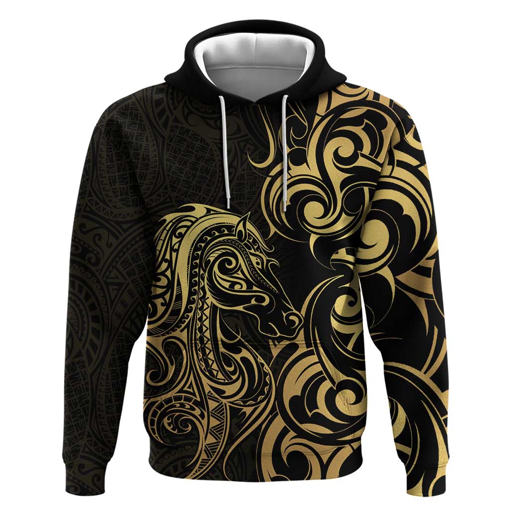 Gold And Black Aoteara Horse Racing Hoodie NZ Maori Pattern - Vibe Hoodie Shop