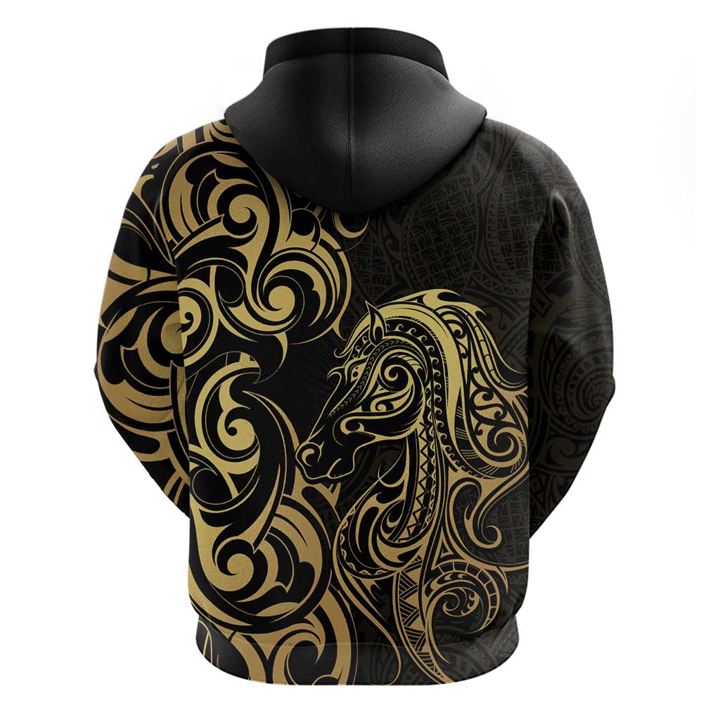 Gold And Black Aoteara Horse Racing Hoodie NZ Maori Pattern - Vibe Hoodie Shop