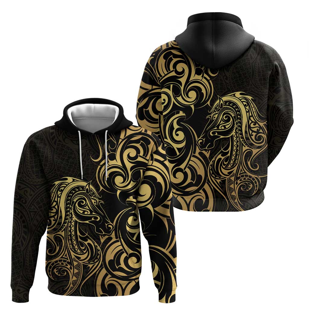 Gold And Black Aoteara Horse Racing Hoodie NZ Maori Pattern - Vibe Hoodie Shop