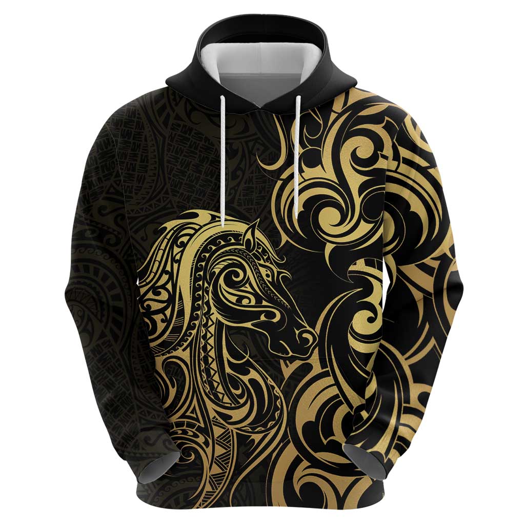 Gold And Black Aoteara Horse Racing Hoodie NZ Maori Pattern - Vibe Hoodie Shop