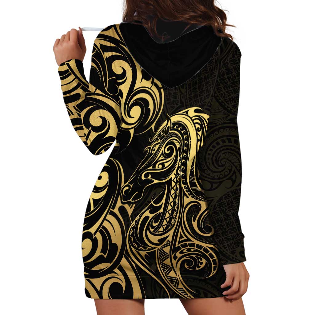 Gold And Black Aoteara Horse Racing Hoodie Dress NZ Maori Pattern - Vibe Hoodie Shop