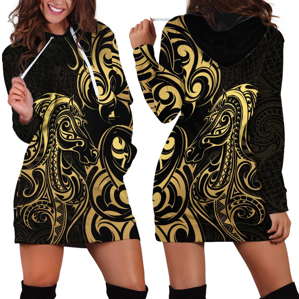 Gold And Black Aoteara Horse Racing Hoodie Dress NZ Maori Pattern - Vibe Hoodie Shop