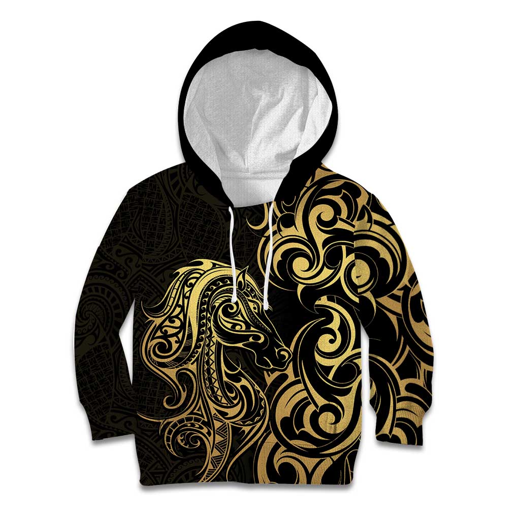 Gold And Black Aoteara Horse Racing Kid Hoodie NZ Maori Pattern - Vibe Hoodie Shop