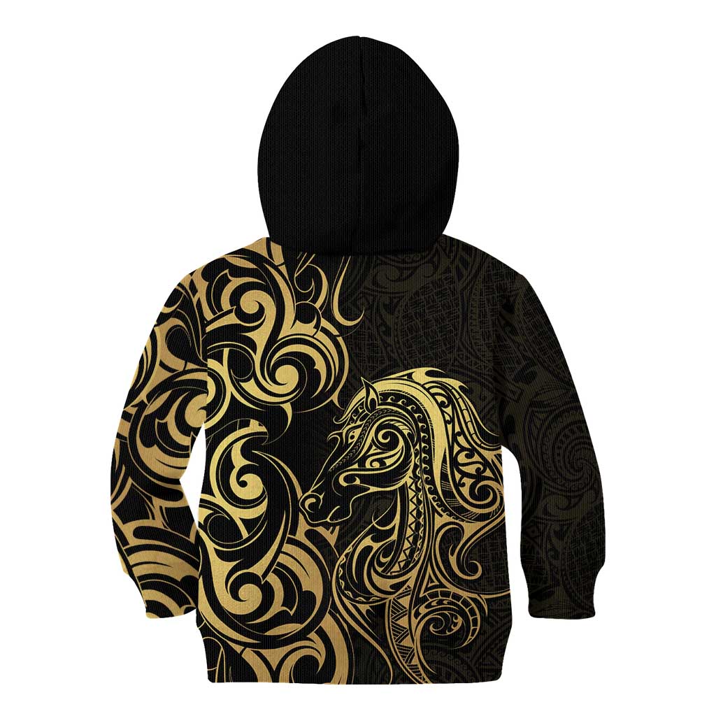 Gold And Black Aoteara Horse Racing Kid Hoodie NZ Maori Pattern - Vibe Hoodie Shop