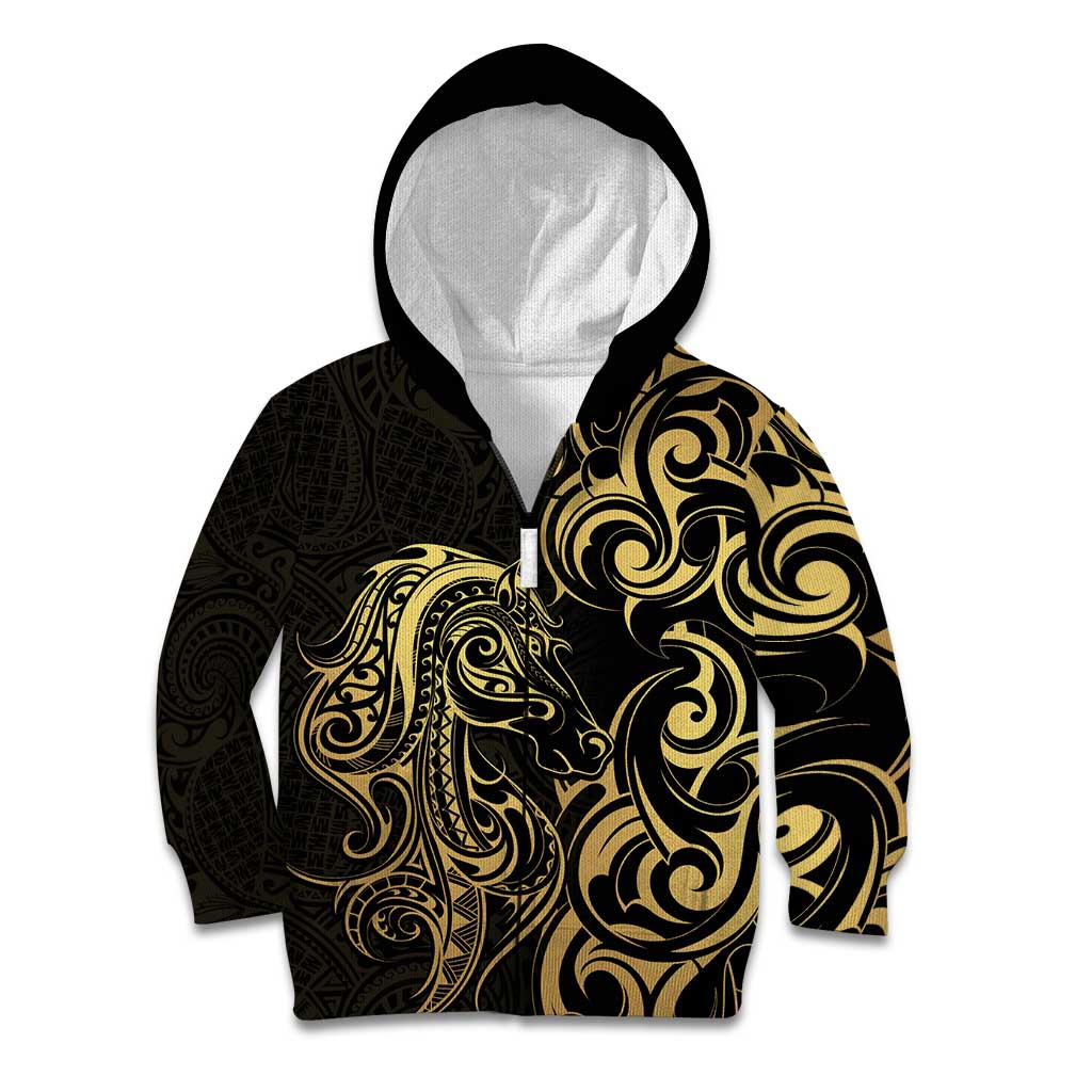 Gold And Black Aoteara Horse Racing Kid Hoodie NZ Maori Pattern - Vibe Hoodie Shop