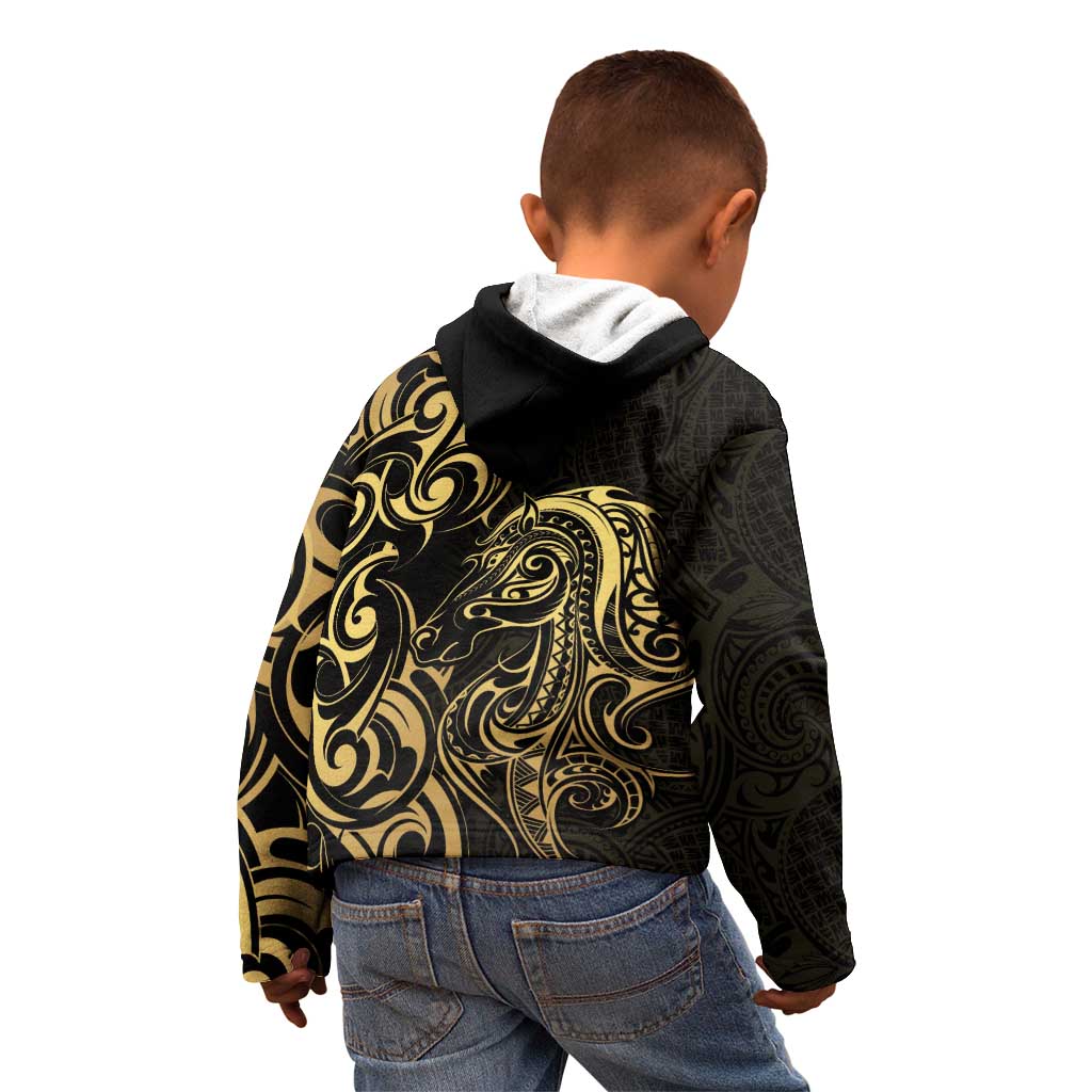 Gold And Black Aoteara Horse Racing Kid Hoodie NZ Maori Pattern - Vibe Hoodie Shop