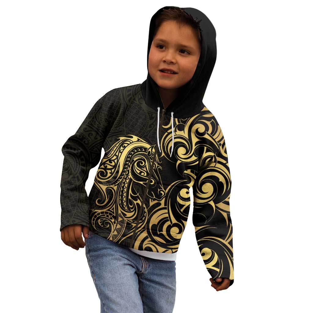 Gold And Black Aoteara Horse Racing Kid Hoodie NZ Maori Pattern - Vibe Hoodie Shop