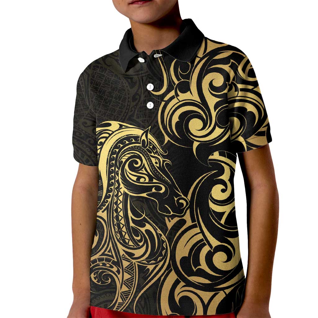 Gold And Black Aoteara Horse Racing Kid Polo Shirt NZ Maori Pattern - Vibe Hoodie Shop