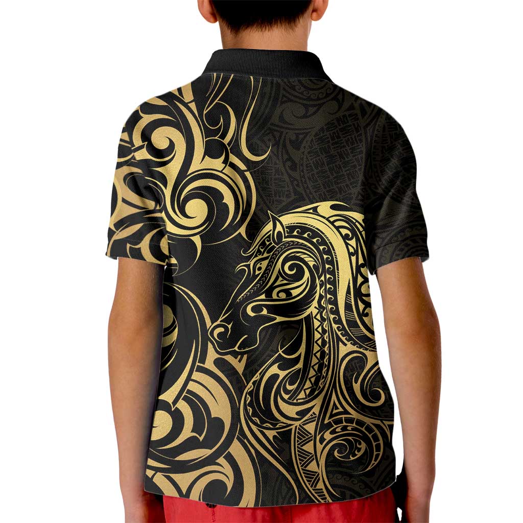 Gold And Black Aoteara Horse Racing Kid Polo Shirt NZ Maori Pattern - Vibe Hoodie Shop