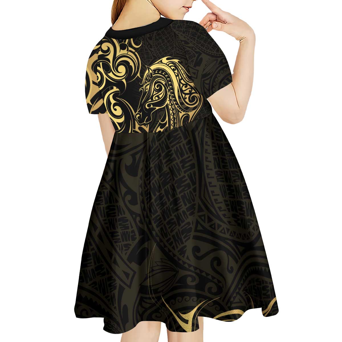 Gold And Black Aoteara Horse Racing Kid Short Sleeve Dress NZ Maori Pattern - Vibe Hoodie Shop