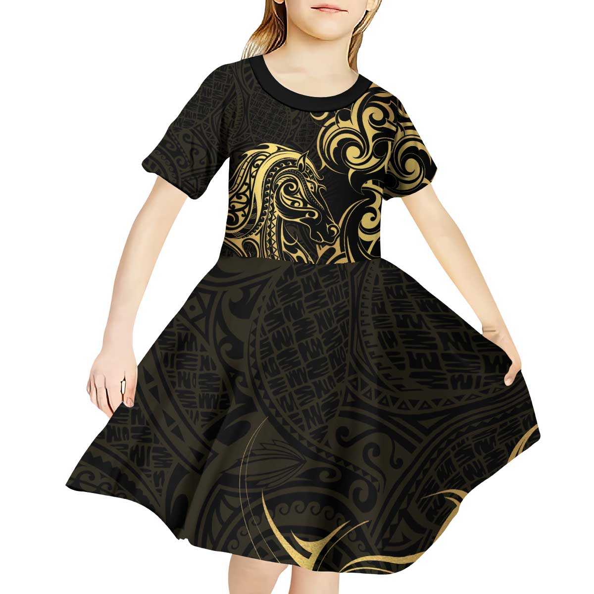 Gold And Black Aoteara Horse Racing Kid Short Sleeve Dress NZ Maori Pattern - Vibe Hoodie Shop