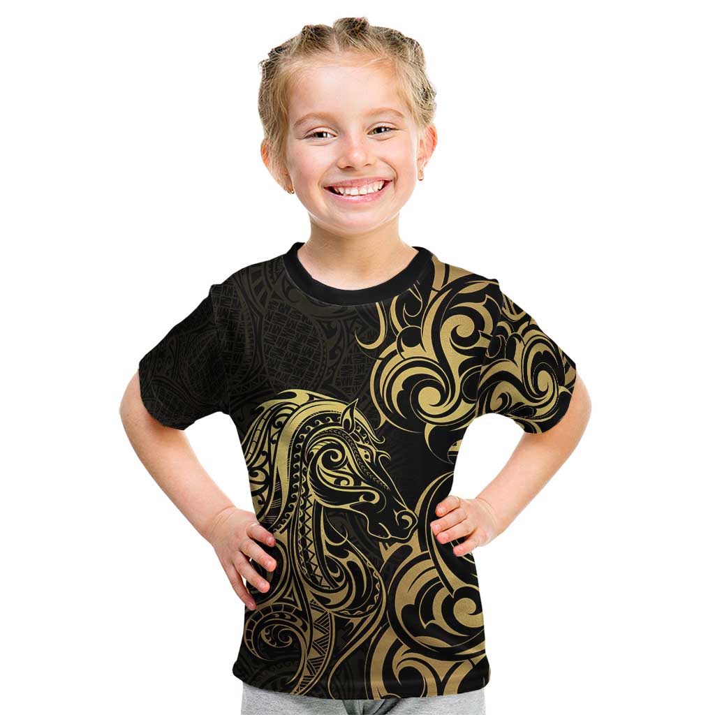 Gold And Black Aoteara Horse Racing Kid T Shirt NZ Maori Pattern - Vibe Hoodie Shop