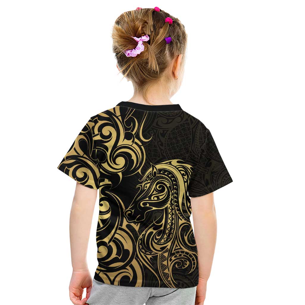 Gold And Black Aoteara Horse Racing Kid T Shirt NZ Maori Pattern - Vibe Hoodie Shop