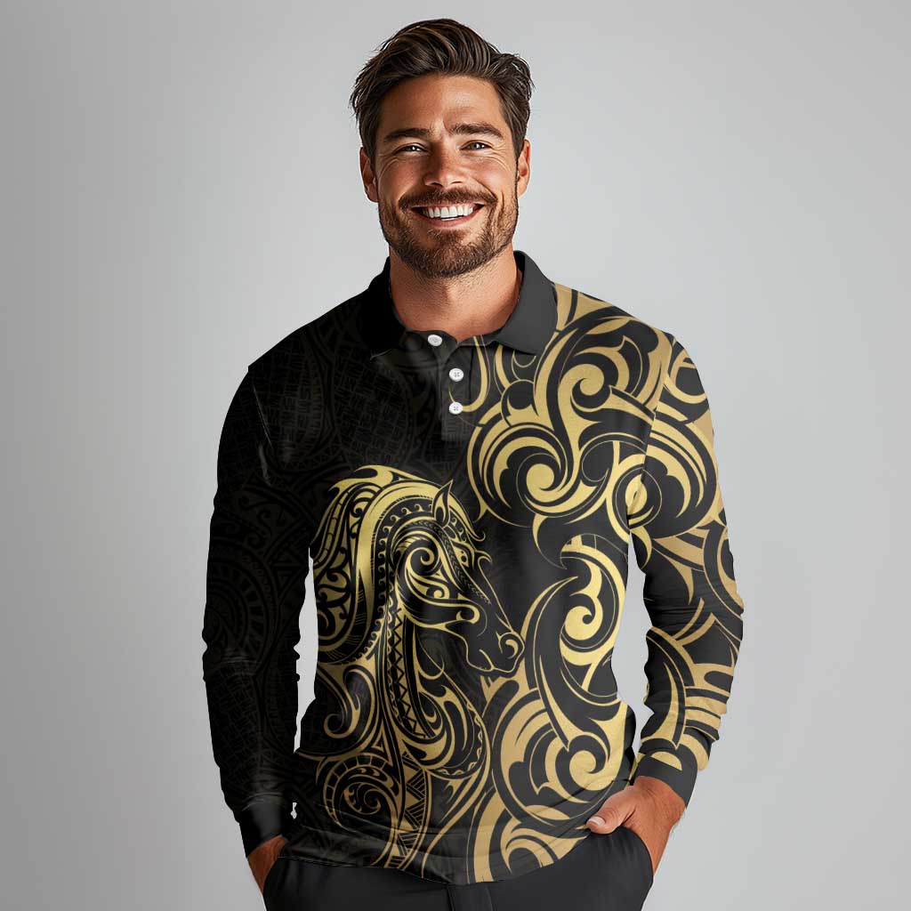 Gold And Black Aoteara Horse Racing Long Sleeve Polo Shirt NZ Maori Pattern