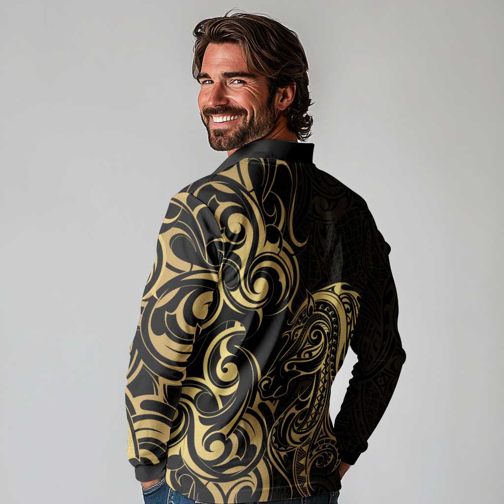 Gold And Black Aoteara Horse Racing Long Sleeve Polo Shirt NZ Maori Pattern