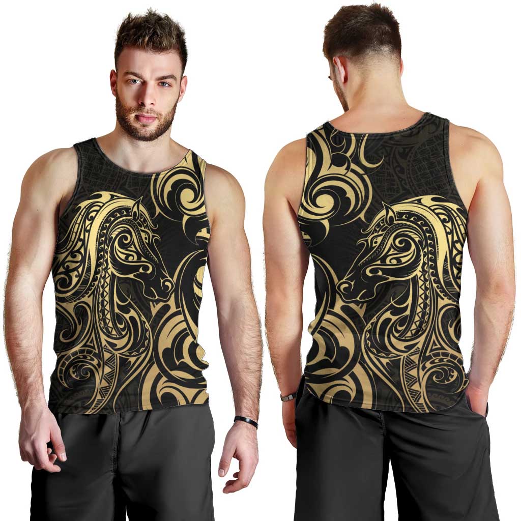 Gold And Black Aoteara Horse Racing Men Tank Top NZ Maori Pattern - Vibe Hoodie Shop